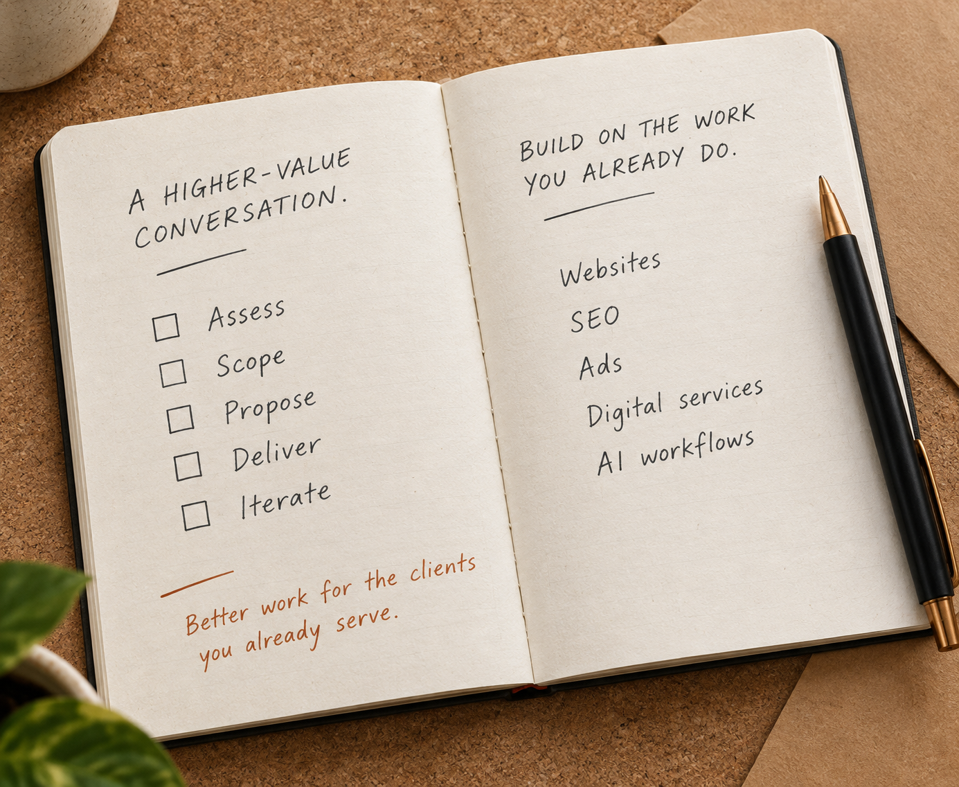 Open working notebook: assess, scope, propose, deliver and iterate. Build on websites, SEO, ads and digital services.